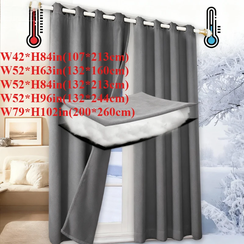 Warm Folder Cotton Curtains for Winter Thermal Insulated 100% Blackout Sound Proof Drapes with Black Backing Cold Windproof