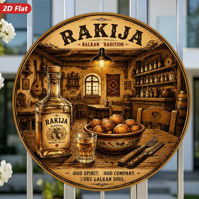 2D Flat Round Sign Wall Art, Rakija Theme Home Decor, Country Style, Suitable for Bar Scene Art, Alcohol Elements, Suitable for