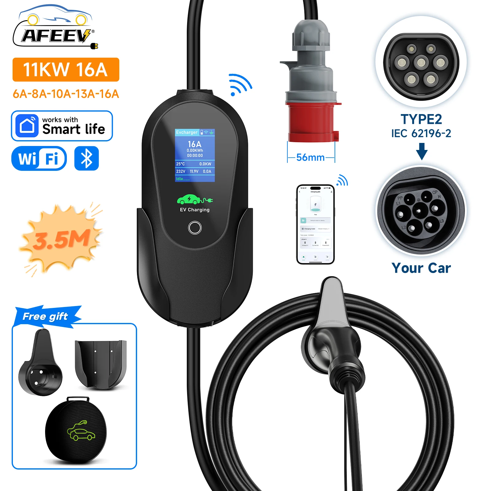 AFEEV 11KW 16A 3 Fase Draagbare EV Charger Type2 IEC62196-2 Snelle Oplaadkabel GB/T 20234 Wallbox EVSE CEE Plug WiFi APP Controle