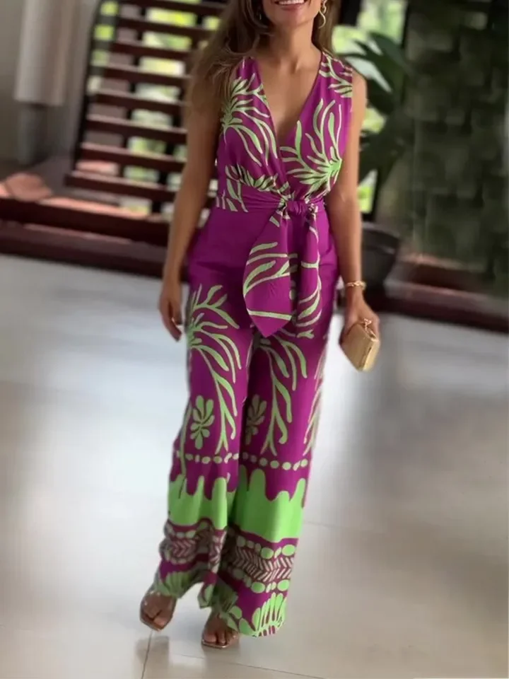 새로운 여름 패션 프린트 V넥 민소매 슬림 벨트 와이드 레그 점프수트 여성 의류 우아한 캐주얼 점프수트 여성복
