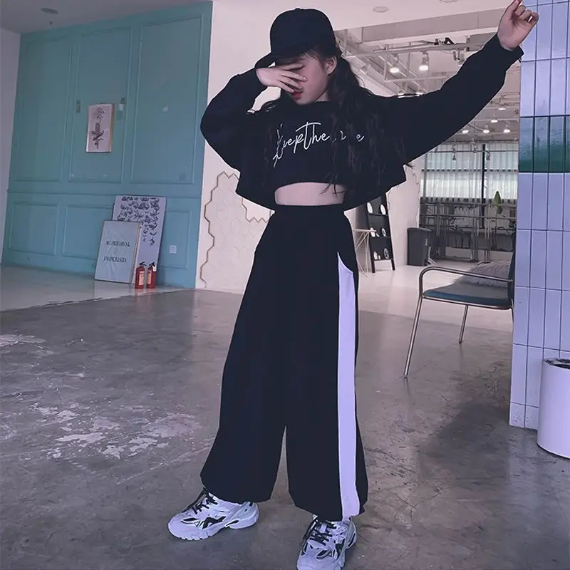 Spring Fall Kids Long Sleeve Child Girls Clothes Letter Crop Top T-Shirt + Striped Wide Leg Pants Suit Teenager 4 10 11 12 Year