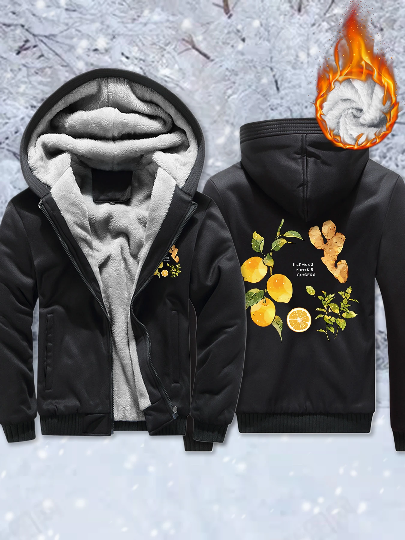 Lemons Mints Gingers Design Men Thicken Streetwear Zipper Winter Jacket Casual Oversized Autumn Coats All-Match Pocket Hoodies