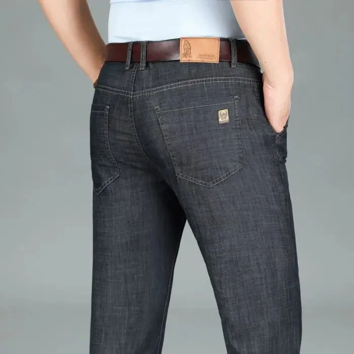 2026 New Seasons Lightweight Fit Straight Men's Jeans Classic Business Clothes Thin Cotton Elastic High Waist Casual