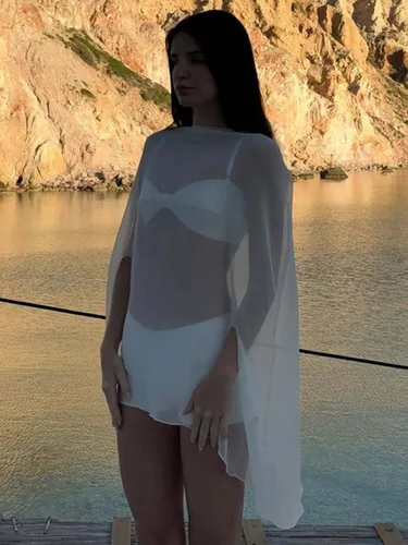 Imagen 2 del producto Ropa de mujer, blusas transparentes de gasa, moda Sexy, pareo liso, Tops elegantes para discoteca, ropa de calle blanca y negra