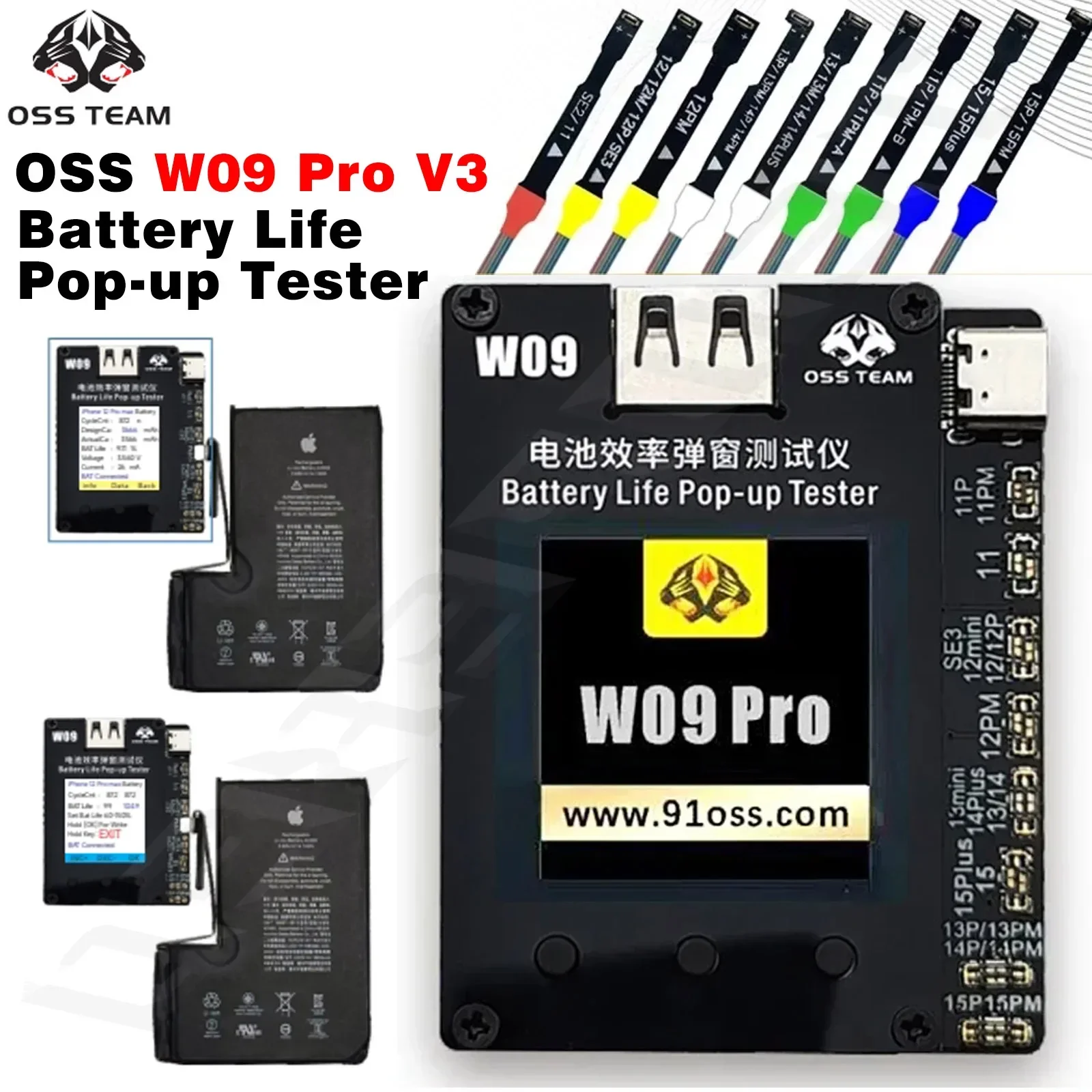 OSS W09 Pro V3 Battery Life Pop-up Tester for iPhone 11 12 13 14 15 Pro Max Battery Health Pop-up Repair Reset Health Data Cycle