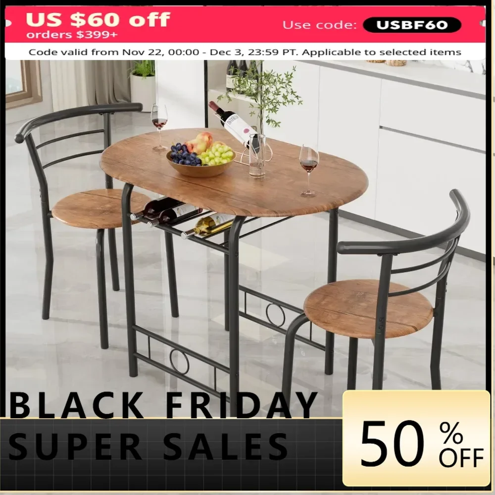 3 Pieces Dining Set Breakfast Table Set Space Saving Wooden Chairs and Table Set, for Dining, Office and Living Spaces of Home