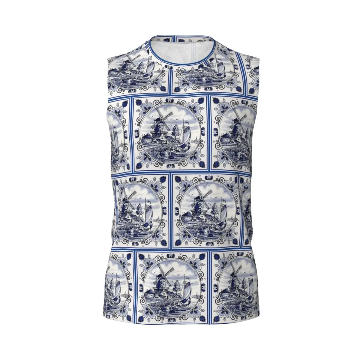 Dutch Blue Delft Vintage Windmill Print Men Printed Sleeveless T-shirt Casual Hip Hop Street Style Beach Holiday Tank Tops