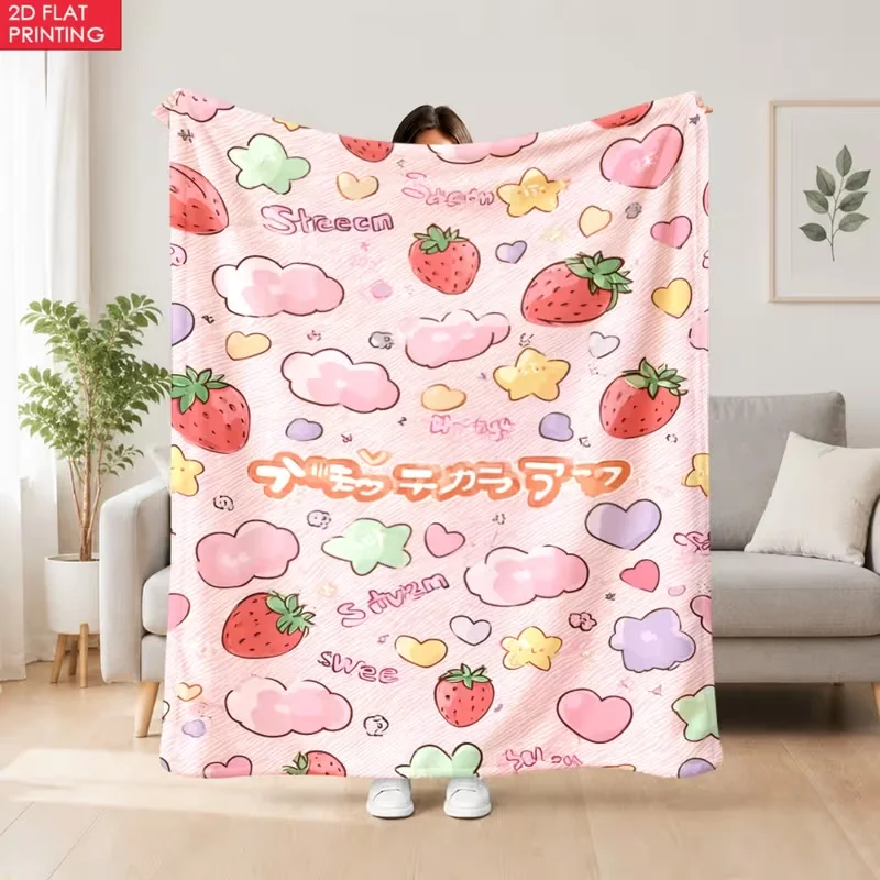 Kawaii Japanese Strawberry Cloud Heart Print Blanket Pink Cute Cartoon Fruit Print Soft Blanket Sofa Room Decor All Season