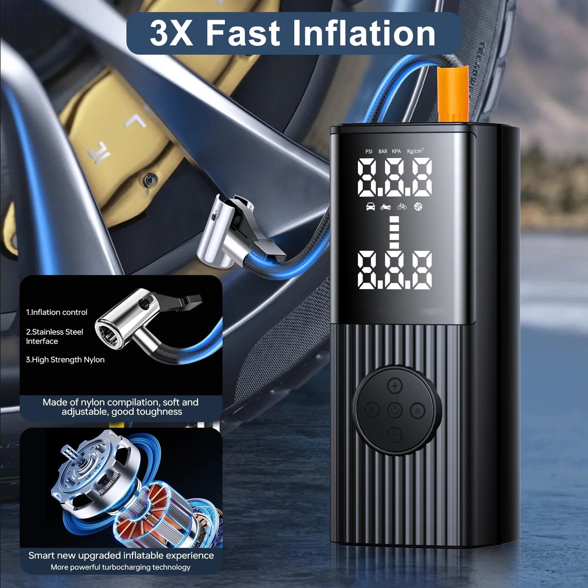 Tire Inflator Portable Air Compressor - 20000 mAh Rechargeable Air Pump -150 PSI Tire Inflation, Accurate LCD Display/Light，3X F