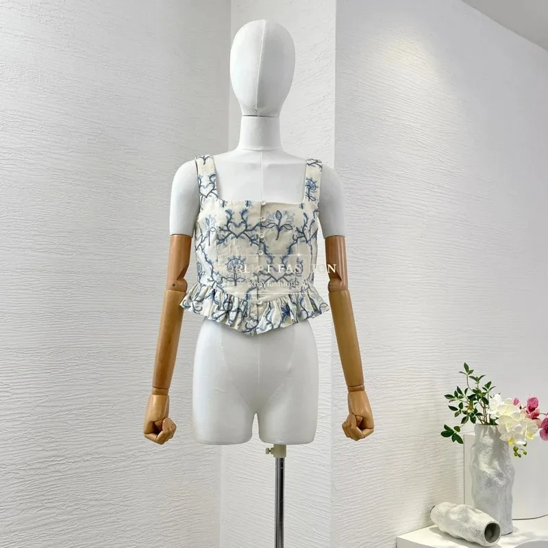 

White Floral Print Ruffles Frilled Sleeveless Vest Tops And Skirt Set 2025 New