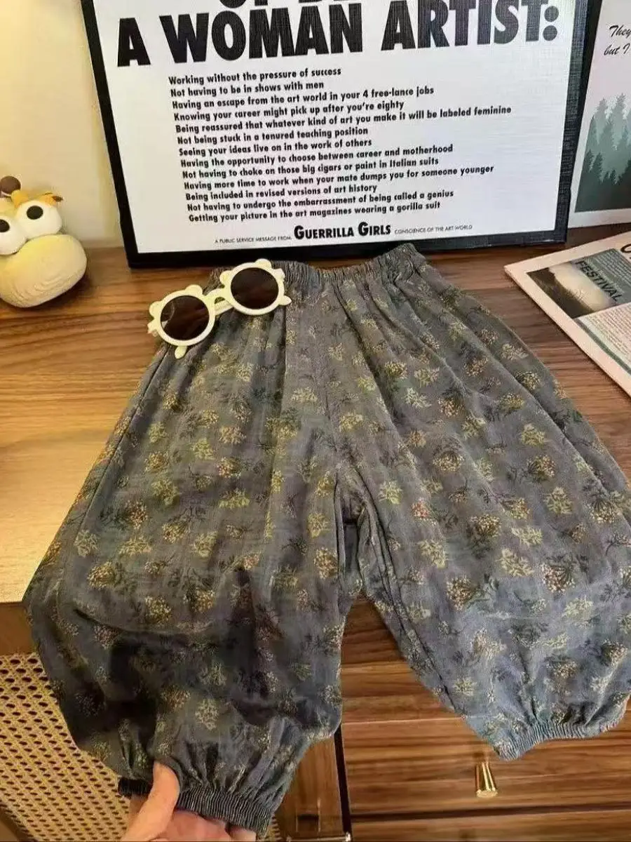 

Легкие летние брюки для девочек с цветочным принтом, защитой от комаров, с манжетами, тонкие, повседневные, модные...