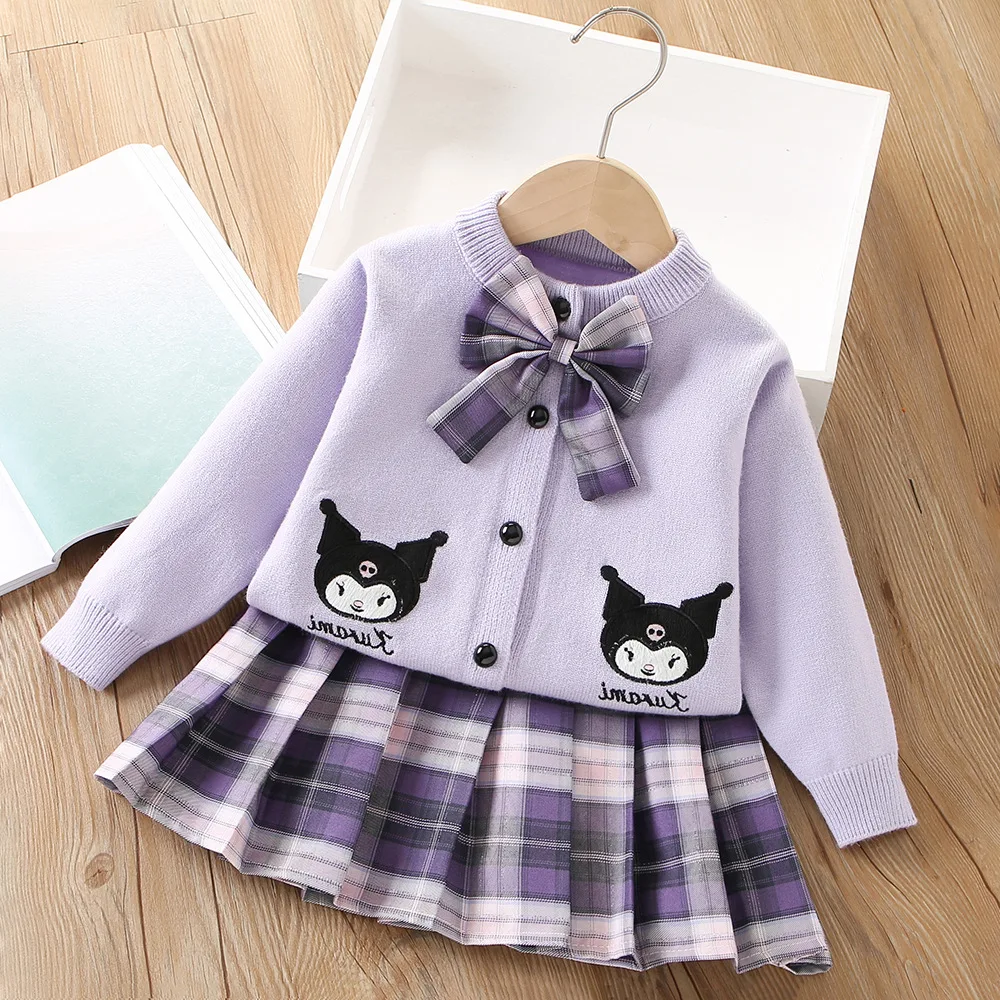 Baby Girls Sanrio Kuromi My Melody Skirt Suit Autumn Long Sleeved Cardigan Sweater+Plaid Pleated Skirt 2Pce Suit Preppy Dress