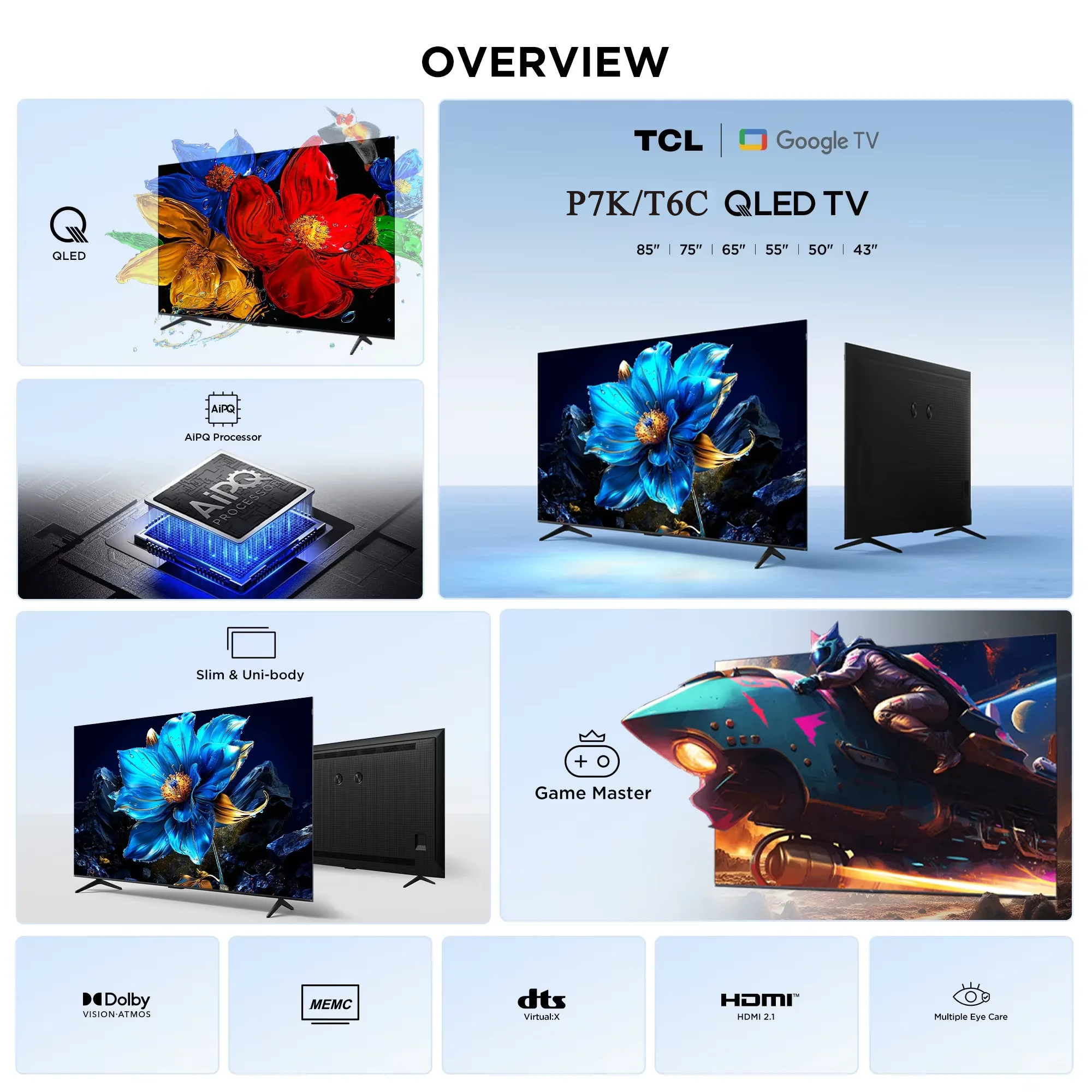 TCL 65 ''T6C TV 55'' 75'' P7K/P71K QLED TV Game Master Slim y Uni-body Dolby Vision Atmos HVA Panel procesador AiPQ