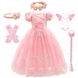Girls Rapunzel Pink Princess Dress Kids Cosplay Costume Children Birthday Carnival Halloween Party Floral Print Disguise Gown