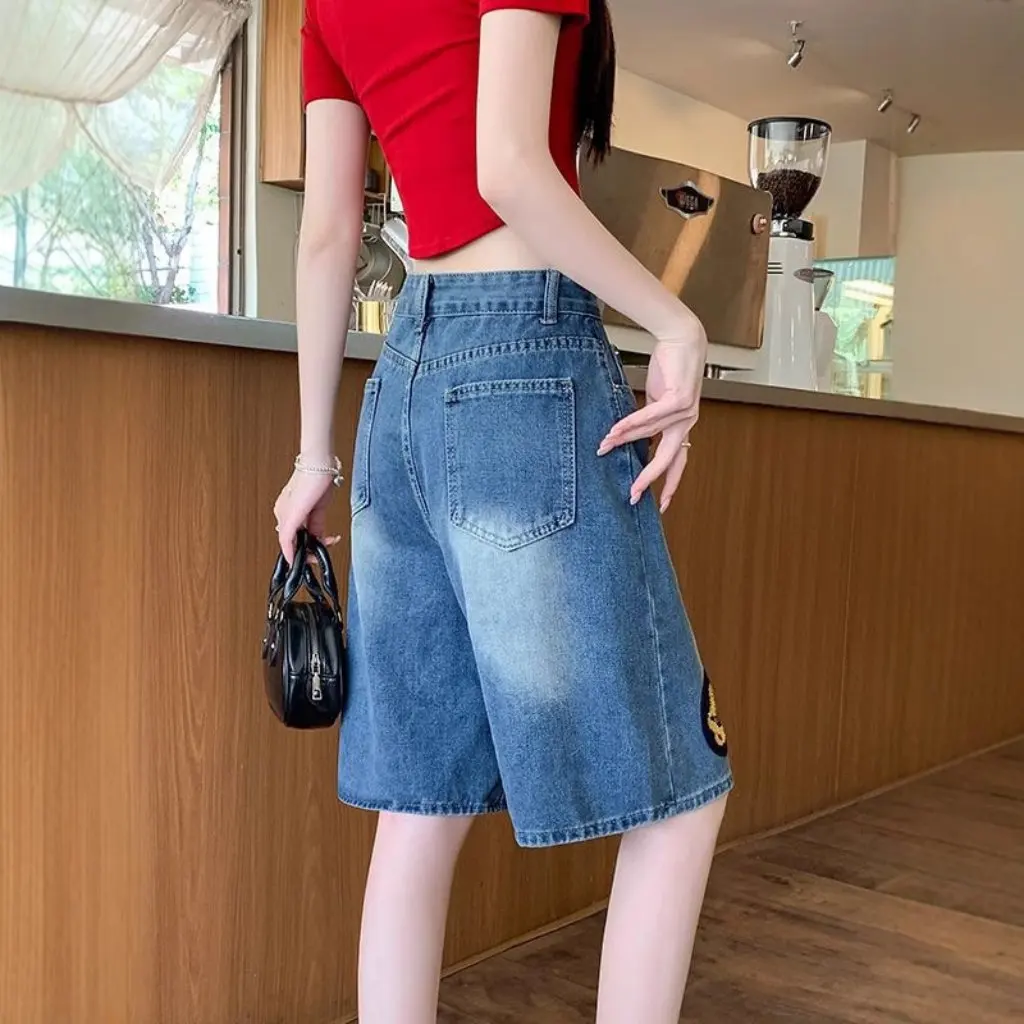 

Женские свободные летние джинсовые шорты в американском стиле, новые прямые утягивающие шорты тонкого кроя с широкими штанинами средней длины