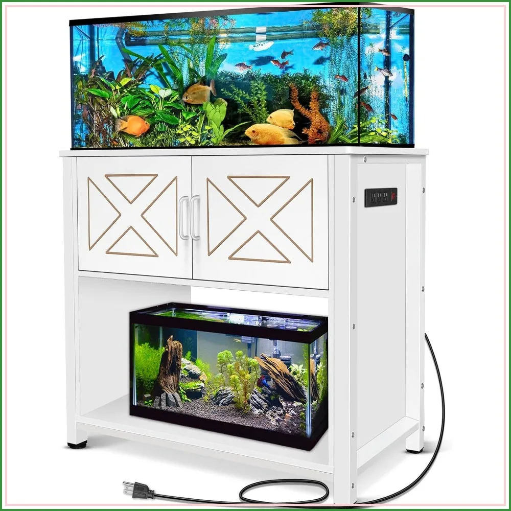 40 Gallon Aquarium Stand with Cabinet & Power Outlets, Heavy Duty Metal Tank Stand for 40-50 Gal, 660LBS, White