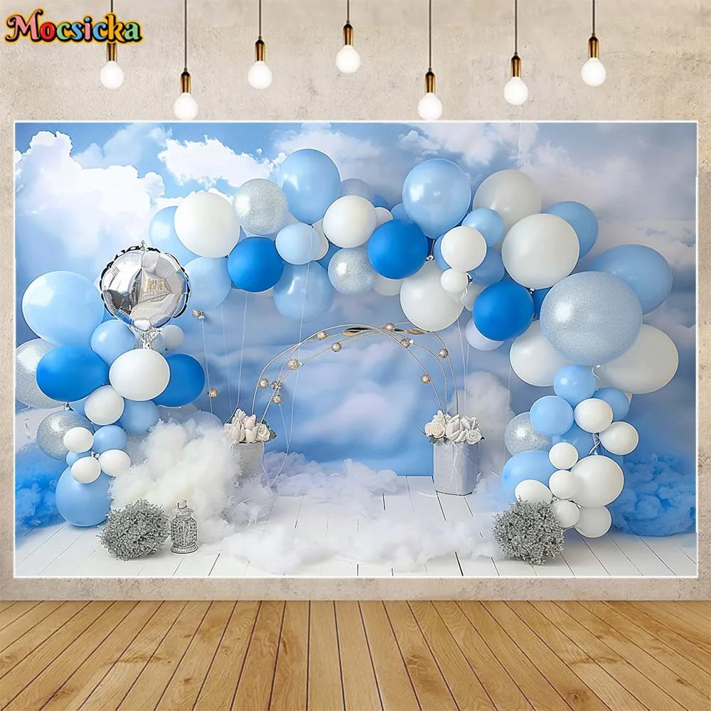 Mocsicka Blue Sky White Clouds Backdrop Blue And White Arched Balloons Boy 1st Birthday Cake Smash Photography Backgrounds Props