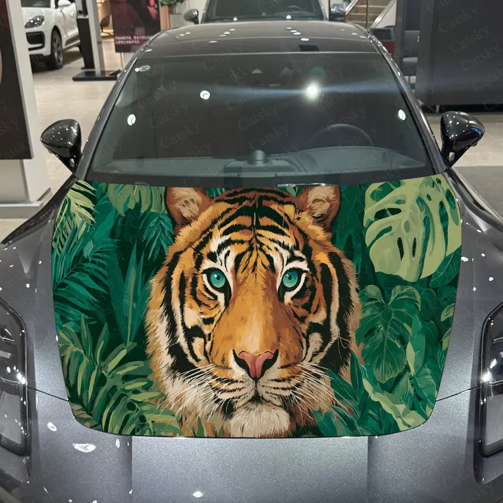 Green Jungle Tiger Art Natural PVC Car Hood Wraps, Self-Adhesive Waterproof Car Bonnet Decal Sticker, Car Decoration Protection