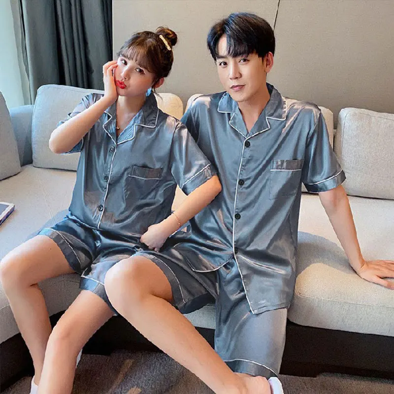 Women\'s Pajamas Silk Summer Solid Short Sleeves Two-piece Suit V-neck Casual Loose Couple Pajamas Live at Home Sleepwear