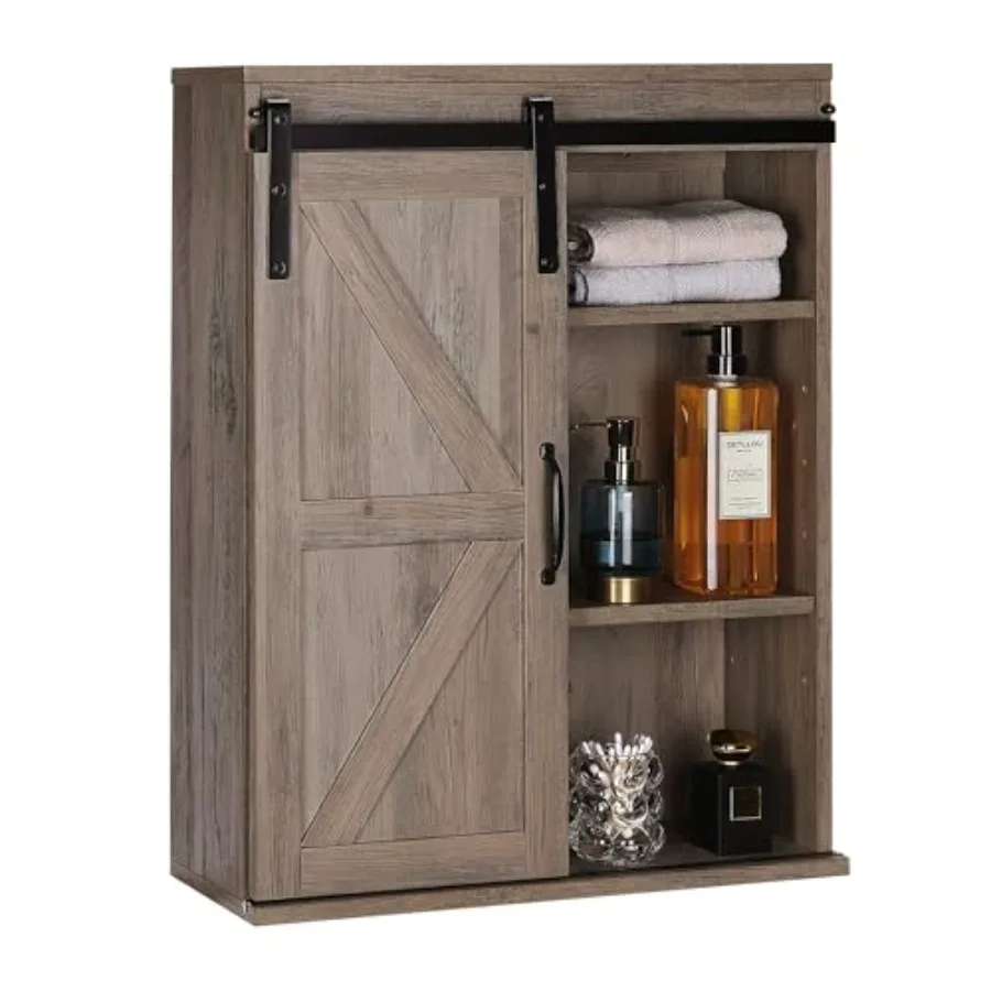 

Farmhouse Wood Wall Storage Bathroom Cabinet with Sliding Barn Door Rustic Medicine Cabinet with Adjustable Shelf 3-Tier Vintag