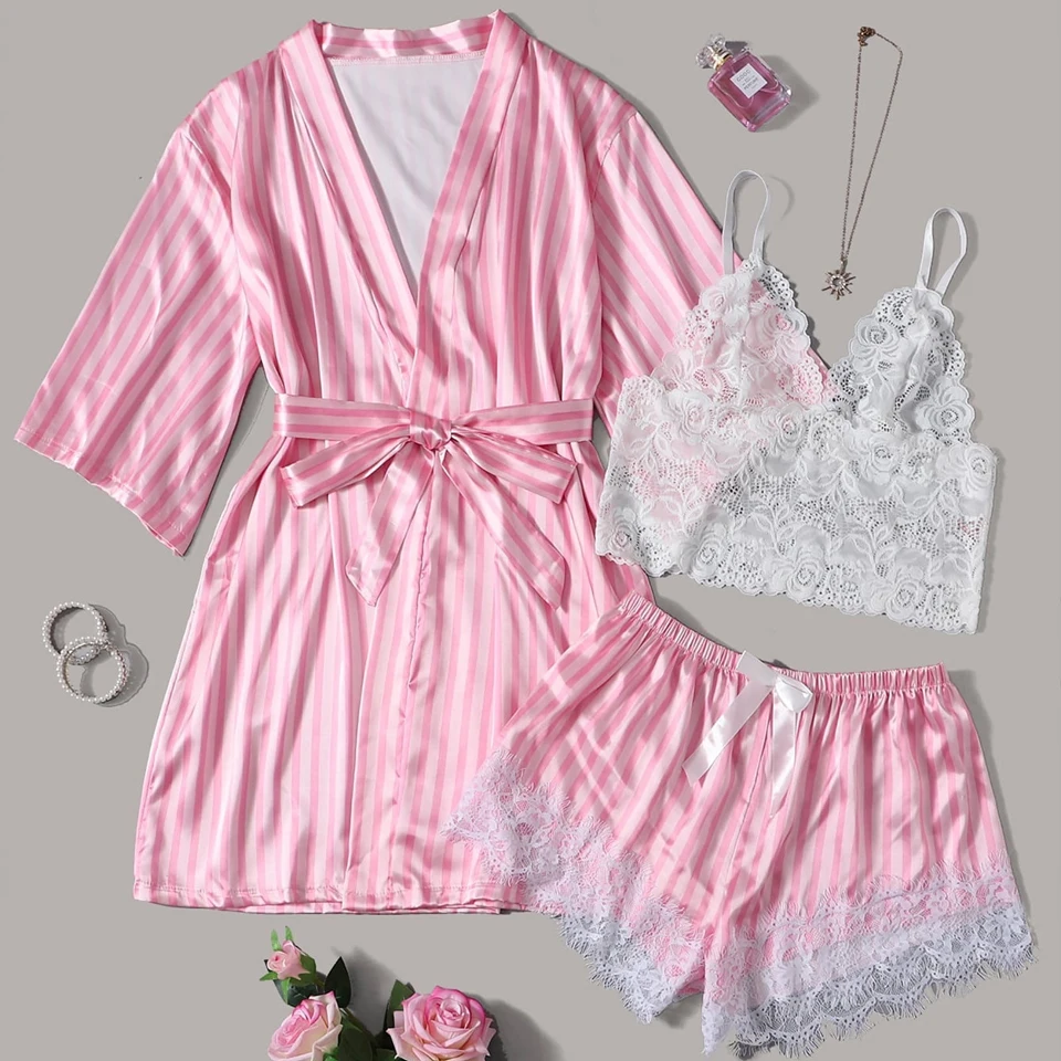 3Pcs Pink Striped Pajamas Set With Robe Satin Lace Cami Sleepwear Sexy Pj Set Xmas Nightie Nightgown Home Clothes For Women