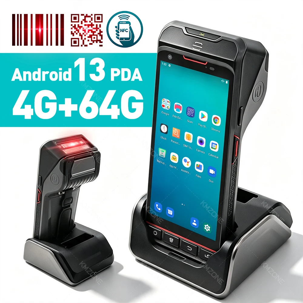 4G64G PDA with 58mm Thermal Printer Android 13 1D 2D Barcode Scanner Reader Rugged Handheld Terminal Wifi NFC Charger Support