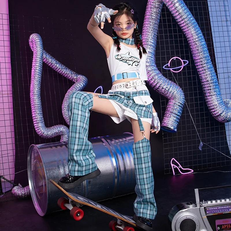 Jazz Dance Cool Blue Checkered Performance Costume Suit Modern Street Dance Stage Performance Costumes for Girls Hip Hop DQL9371