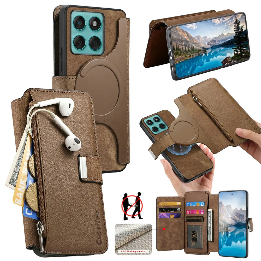 Odłączana etui-portfel 2w1 z zamkiem błyskawicznym i magnetycznym zamknięciem do Motorola Moto Edge 70 60 50 Neo 60s Pro 50 Fusion 60 Neo Signature 5G, etui z klapką — zdjęcie produktu 5