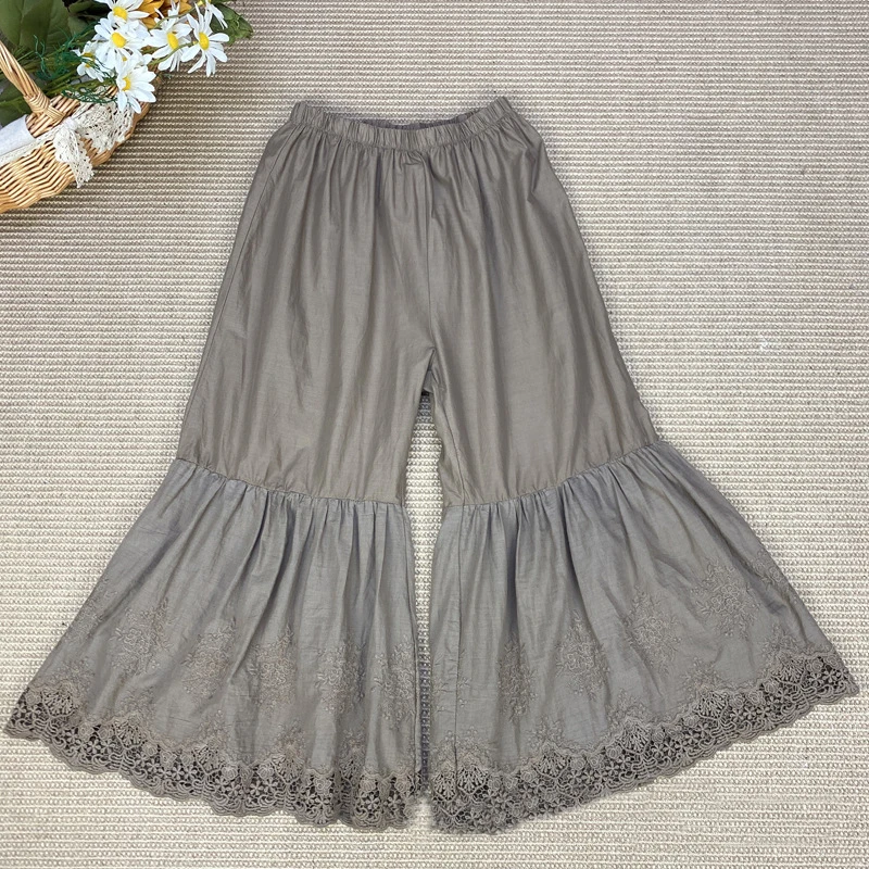 Johnature 2024 Summer New Ankle-length Boot Cut Pants Mori Vintage Cotton Elastic Waist Solid Color Loose Lace Women Pants