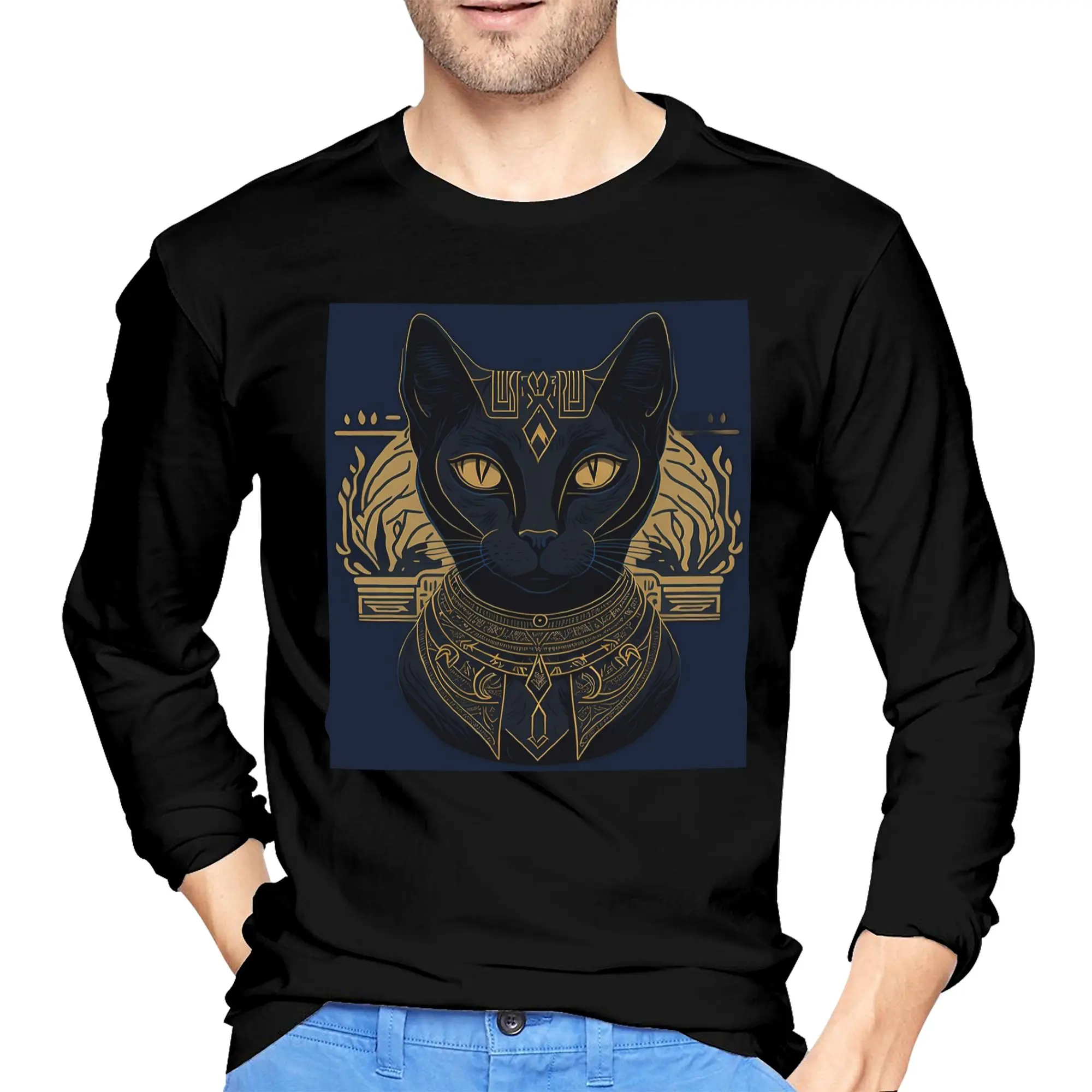 

Egyptian goddess Bastet art of ancient egypt Men's Long Sleeved T-shirt Casual Round Neck T shirts Spring and Autumn Men tops