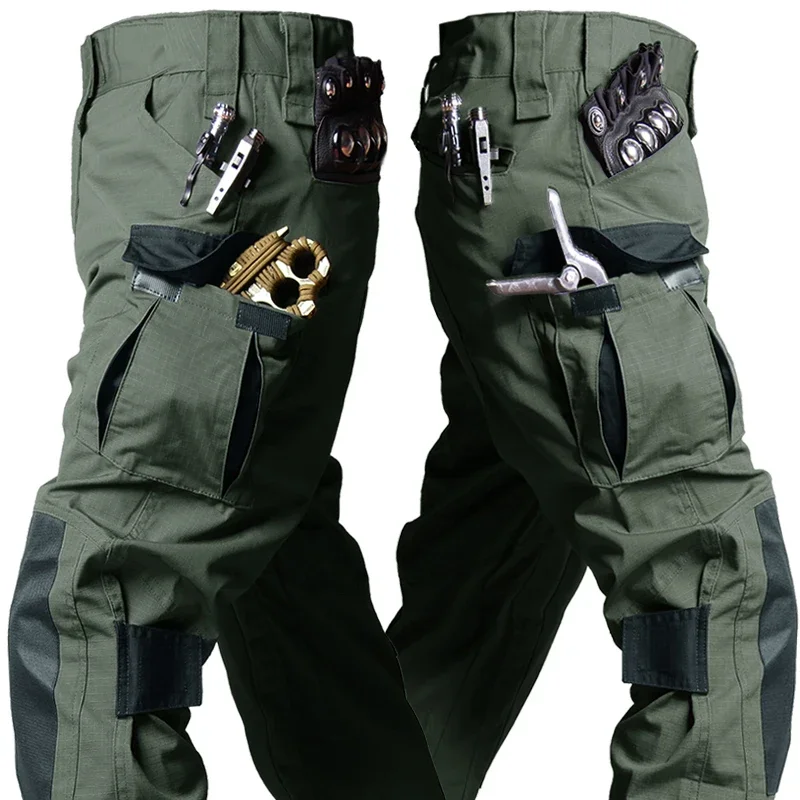 Mens Training Cargo Pants Wear-resistant Patchwork Camouflage Combat Trousers Multi-Pocket Outdoors Hiking Tactical Overalls