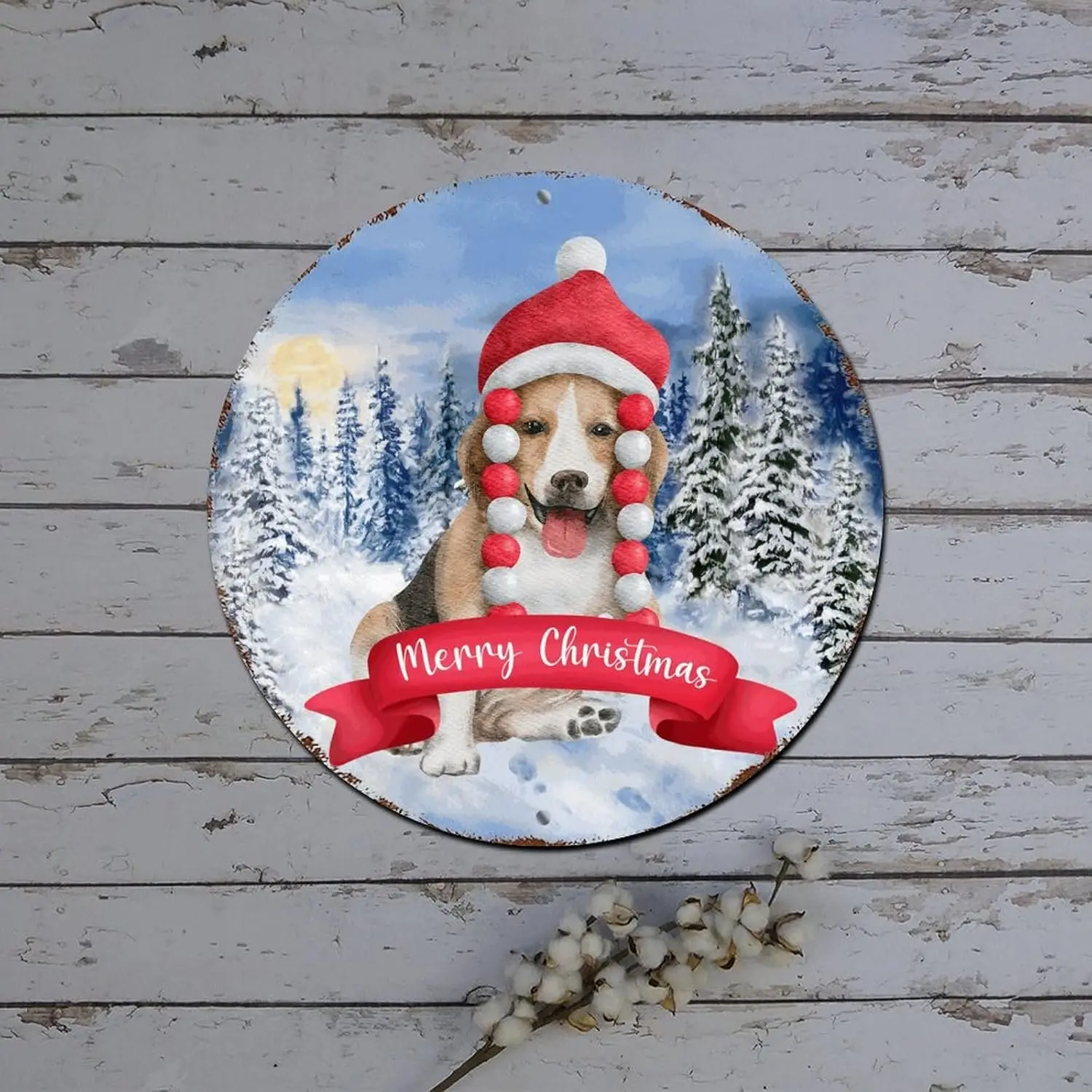 Snowman Christmas Wreath Sign Cute Pet Dog Winter Snowy Scene Round Metal Tin Sign Christmas Indoor Decorations Distressed Styli