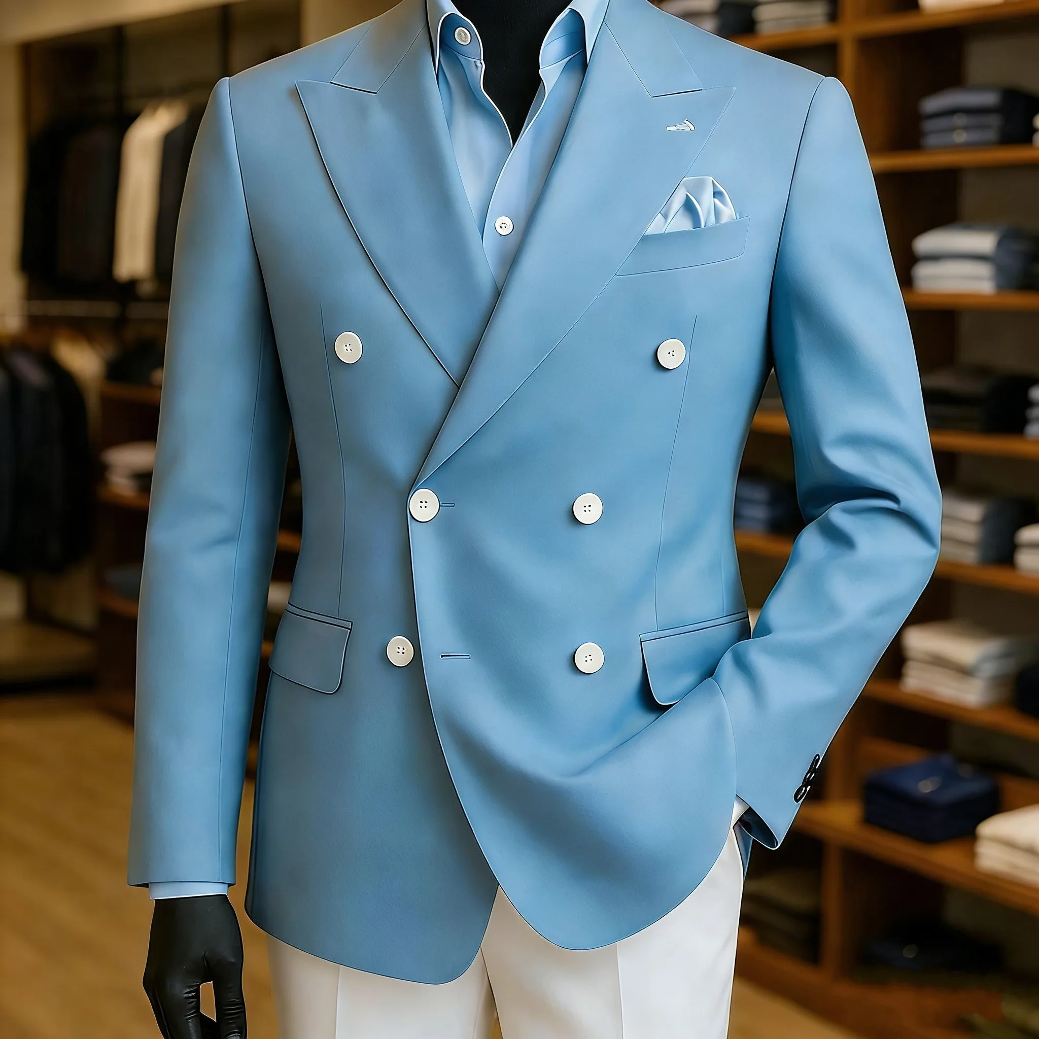 

Casual Men Suits 2 Pieces Light Blue Jacket White Pants Double Breasted Peaked Lapel Formal Business Wedding Party Groom Outfit