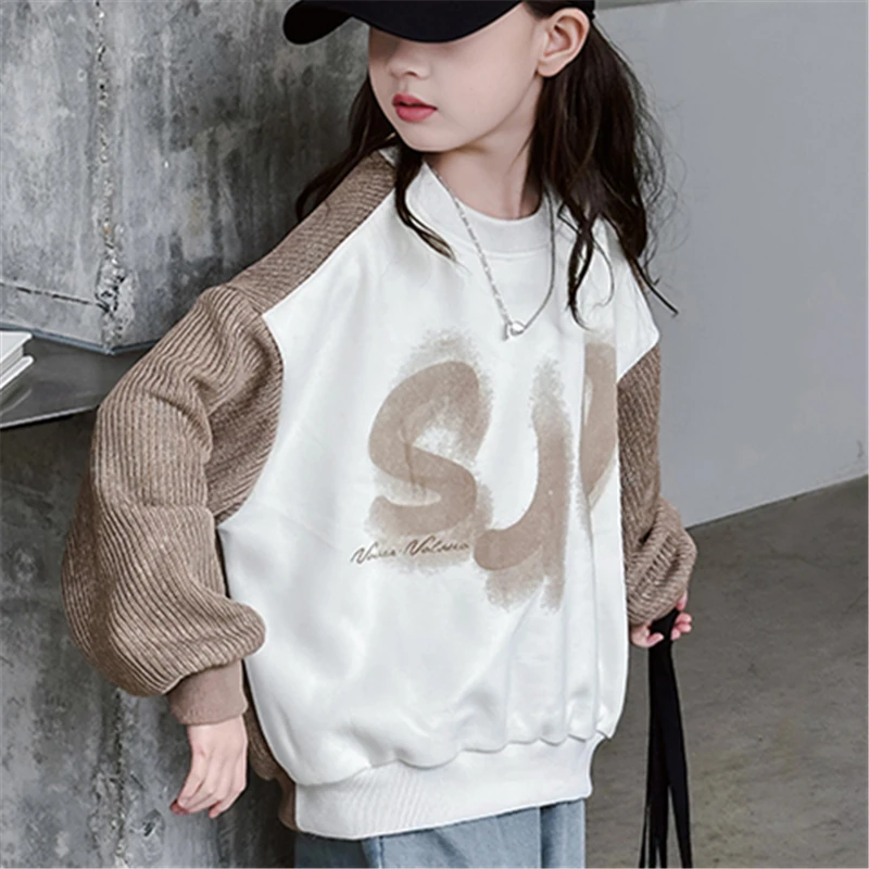 

New Kids Designer Knitted Sleeve Sweatshirt for Girls Loose Clothing Children Autumn Pullover Tops Fashion Casual Soft Outerwear