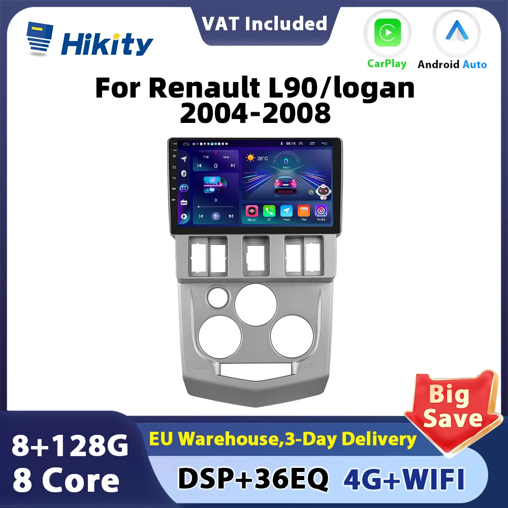 Hikity Wireless CarPlay Android Auto Radio For Renault Logan L90 2004-2009 Multimedia player 2din Stereo Receiver GPS DSP