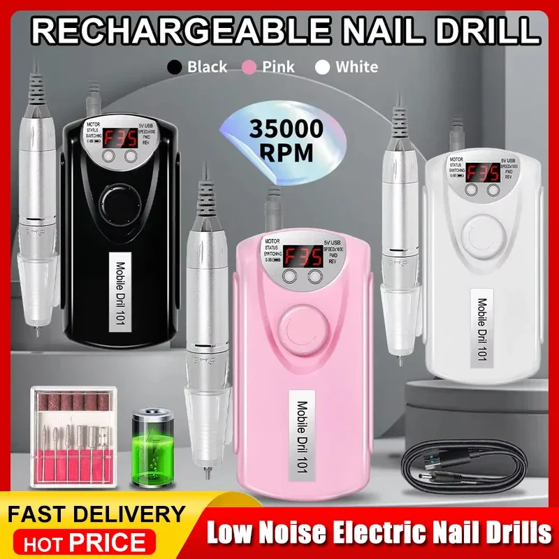 

Rechargeable 35000RPM Nail Drill Machine Professional Low Noise Electric Manicure Drill for Nails with Polishing Sander