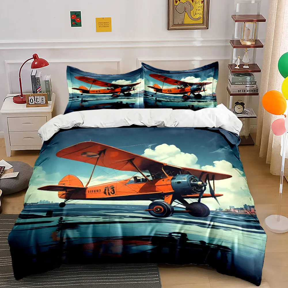 

Orange vintage biplane flying Pattern Duvet Cover Set Digital Print Colorful Polyester Bedding with Zipper Closur for gifts