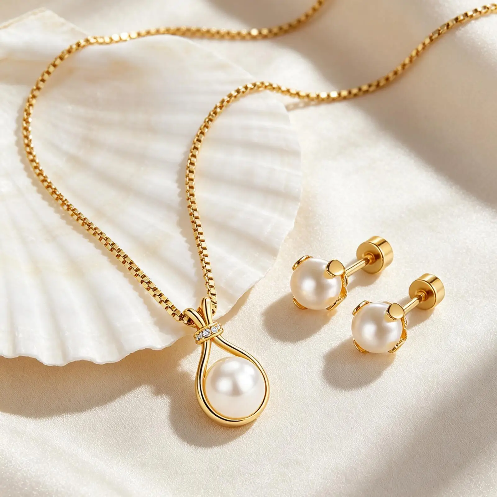 Pearl Jewelry Set for Women, Gold Plated Necklace Stud Earrings, 18K PVD Gold Stainless Steel, Elegant Party Wedding Jewelry