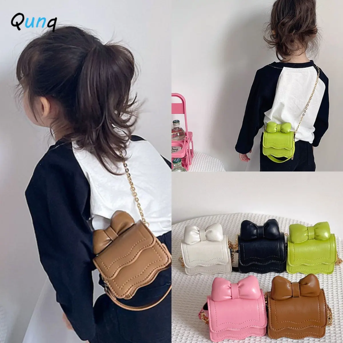 2023 Qunq Girls Ins Fashion Solid Cute Bow Pu Leather Wear-Resistant Small Square Bag Casual Kids Crossbody Bags Holiday Gift