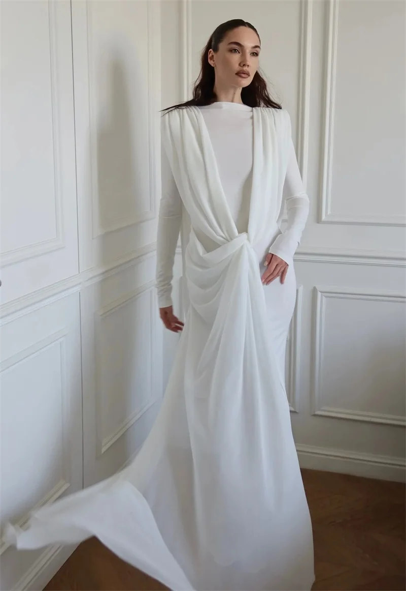 

White Wrap Prom Dress Elegant High Neck Full Sleeves Ruffles Sheath Mermaid Party Gown Casual Formal Wedding Guest Birthday Robe