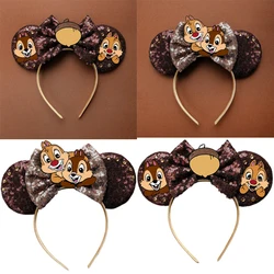 Bandeaux de sauna Disney pour femmes et filles, bandeaux à nœud à paillettes, vêtements de sauna Kawaii, accessoires pour cheveux, oreille Chip 'n' Dale, cadeau pour enfants