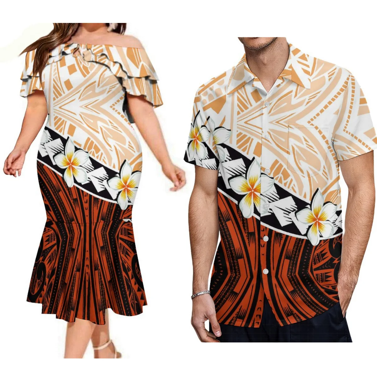 

Custom Banquet Dress Women'S Off-The-Shoulder Double-Layer Lotus Sleeve Fishtail Dress And Men'S Casual Shirt Polynesian Island