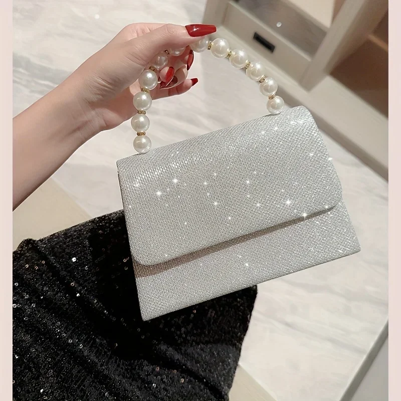 Evening handbag with rhinestone for women, square pearl handbag, bride's handbag with glossy top, new fashion style