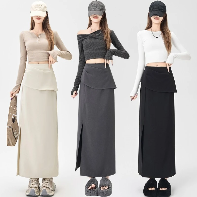 Autunno a vita alta elegante irregolare delle donne A-line Wrap Gonne 2025 nuovo ufficio coreano Split casual allentato gonne lunghe femminile