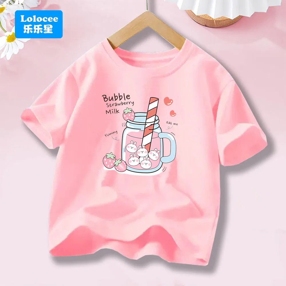 Strawberry Beverage /Juice Print Girls' T Shirt Summer Breathable Tee Cotton Street Clothing Cute Short Sleeve Tops YLNN1