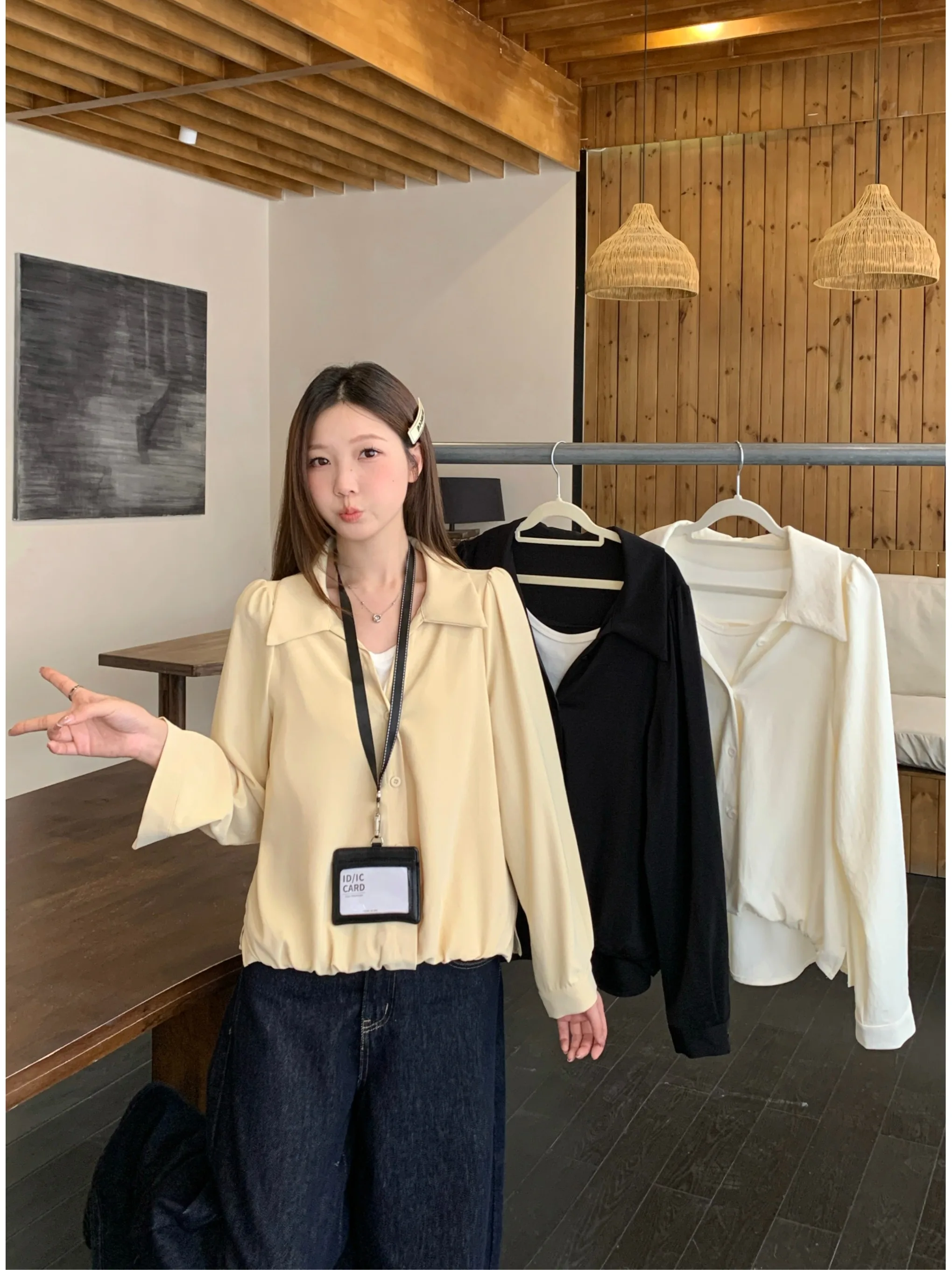 

Slimming plus Size Casual Shirt Women's Spring New Turn-down Collar Long Sleeve Loose Elegant Short Style Polyester Fiber