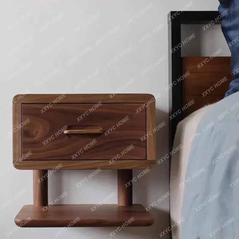 Black walnut bedside table suspended all solid wood wall-mounted locker Small apartment storage cabinet