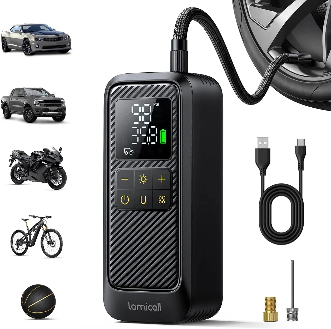 Portable Air Compressor for Car, Motorcycle, Bike - Fast Inflation up to 150 PSI with Rechargeable Battery