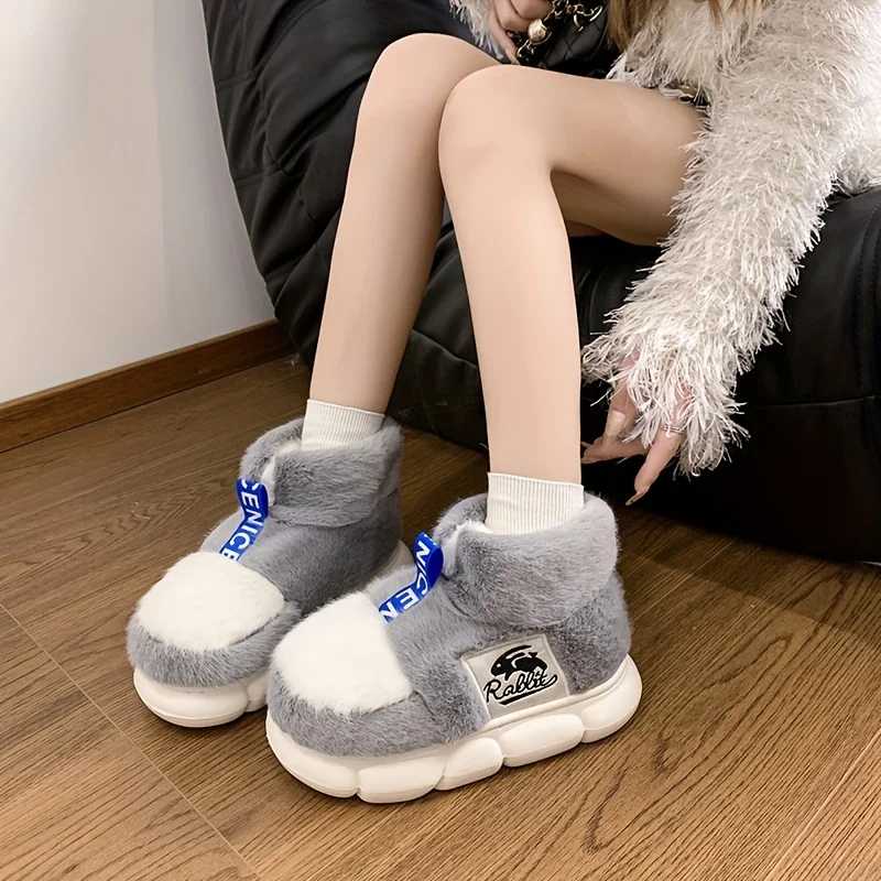 Damen Warme Baumwollschuhe Paar-Winterhausschuhe Weiche Plüsch-Dicksohlen-Hausschuhe Flauschige Fußbekleidung für Frauen und Männer Indoor-Straßen-Schneestiefel – Detail 5