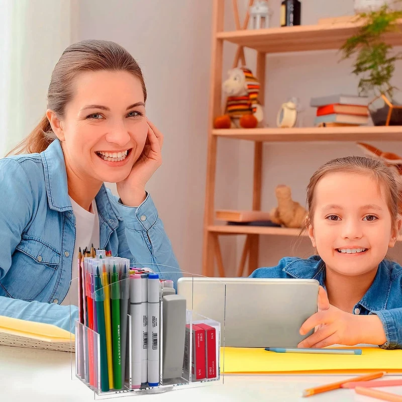 Acrylic 360 Rotating Desk Organizer Marker Pen Holder Multi-Functional Spinning Desktop Makeup Brush Storage Box